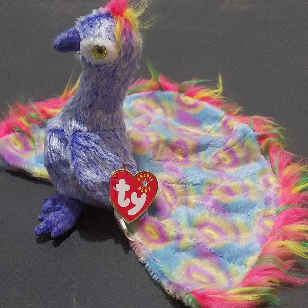 Colorful Plush Bird Toy. Ty Beanie Baby Flashy the Peacock.